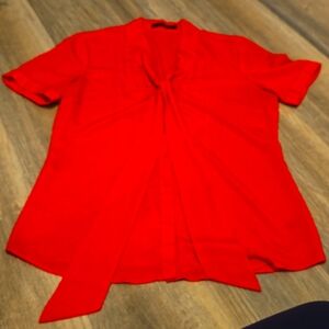 Women’s Red Tie-Neck Short Sleeve Blouse